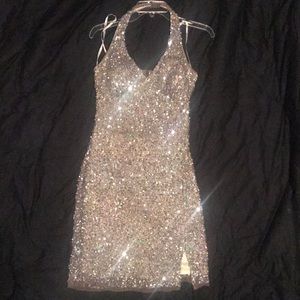 NIGHTWAY Sequin Beaded Halter Mini Dress